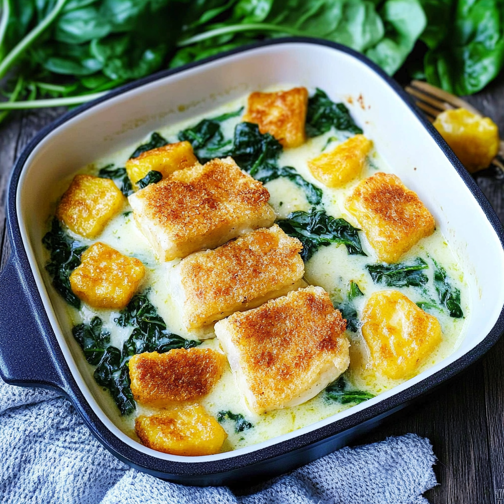 Leckeres Fischstäbchen-Auflauf mit Kartoffeln und Spinat Rezept - Titelbild