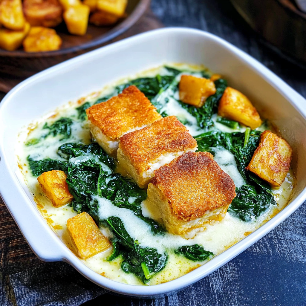 Leckeres Fischstäbchen-Auflauf mit Kartoffeln und Spinat Rezept - Schritt für Schritt Zubereitung