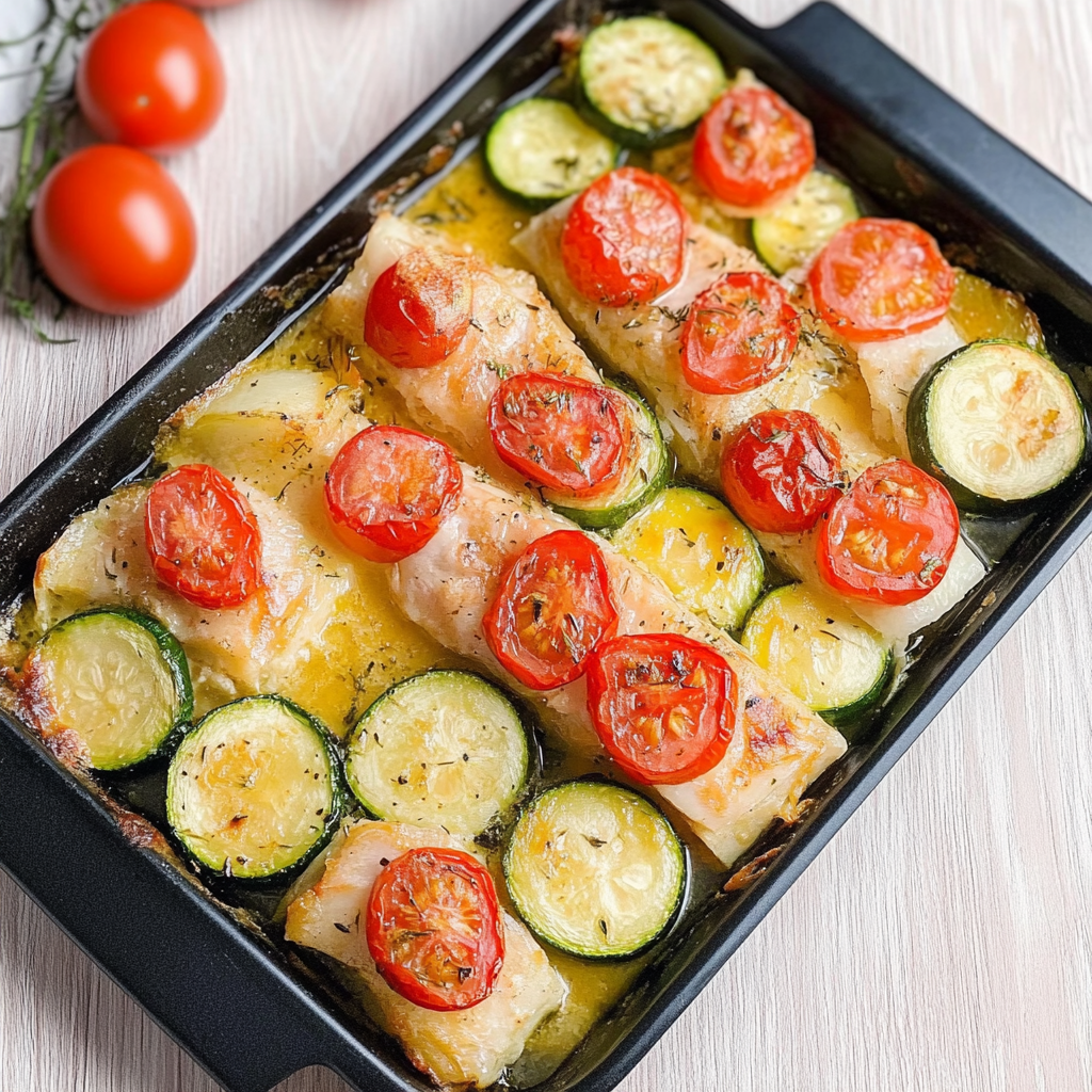 Leckeres Ofenlachs mit Tomaten und Zucchini Rezept - Titelbild