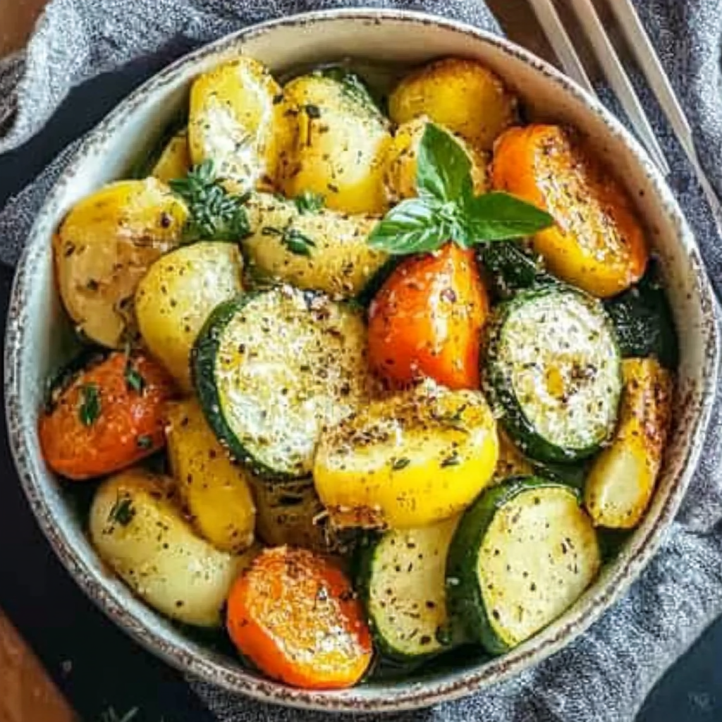 Leckeres Bratkartoffeln mit Knoblauch und Kräutern, Karotten und Zucchini Rezept - Titelbild