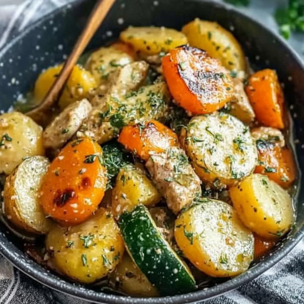 Leckeres Bratkartoffeln mit Knoblauch und Kräutern, Karotten und Zucchini Rezept - Schritt für Schritt Zubereitung