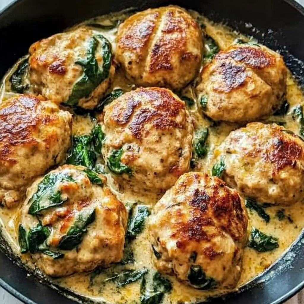 Leckeres Cremige Putenfleischbällchen mit Spinat Rezept - Schritt für Schritt Zubereitung