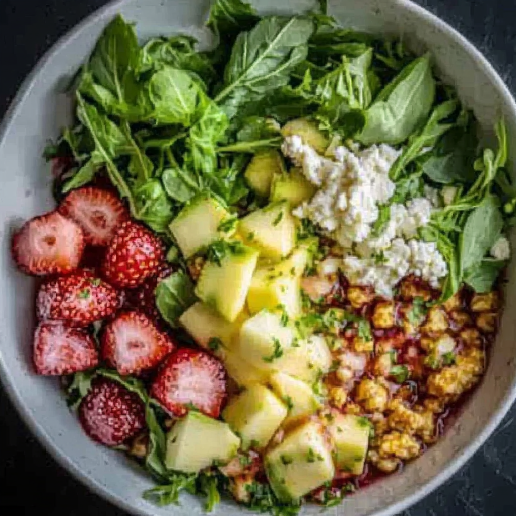 Leckeres Erdbeer-Crunch-Salat mit Champagner-Vinaigrette Rezept - Schritt für Schritt Zubereitung