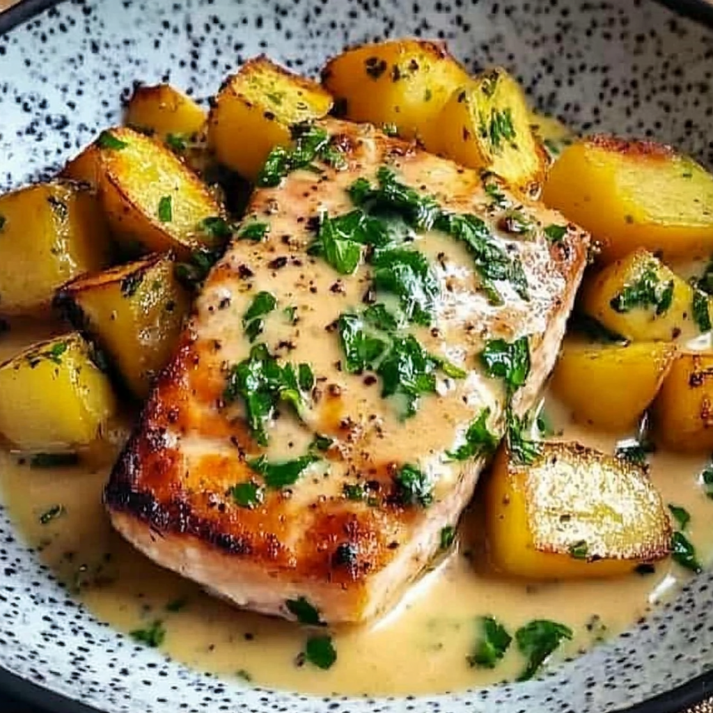 Leckeres Zitronenbutterlachs mit knusprigen Kartoffeln und Brokkoli Rezept - Titelbild