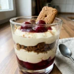 Ein Schichtdessert im Glas mit Kirschen, Creme und einem Spekulatiuskeks als Dekoration.