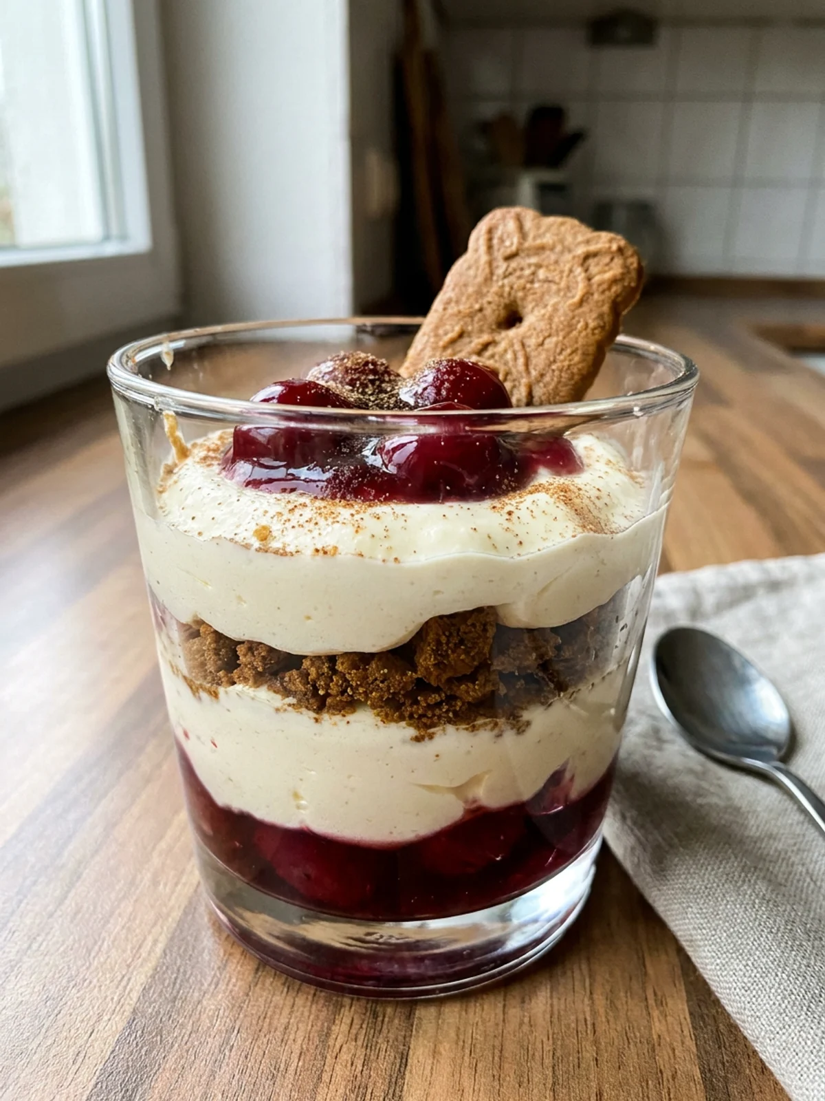 Ein Schichtdessert im Glas mit Kirschen, Creme und einem Spekulatiuskeks als Dekoration.
