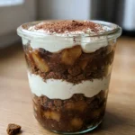 Vier Gläser mit Schichtdessert aus Bratapfel, Creme und Spekulatius auf einem Holztisch.