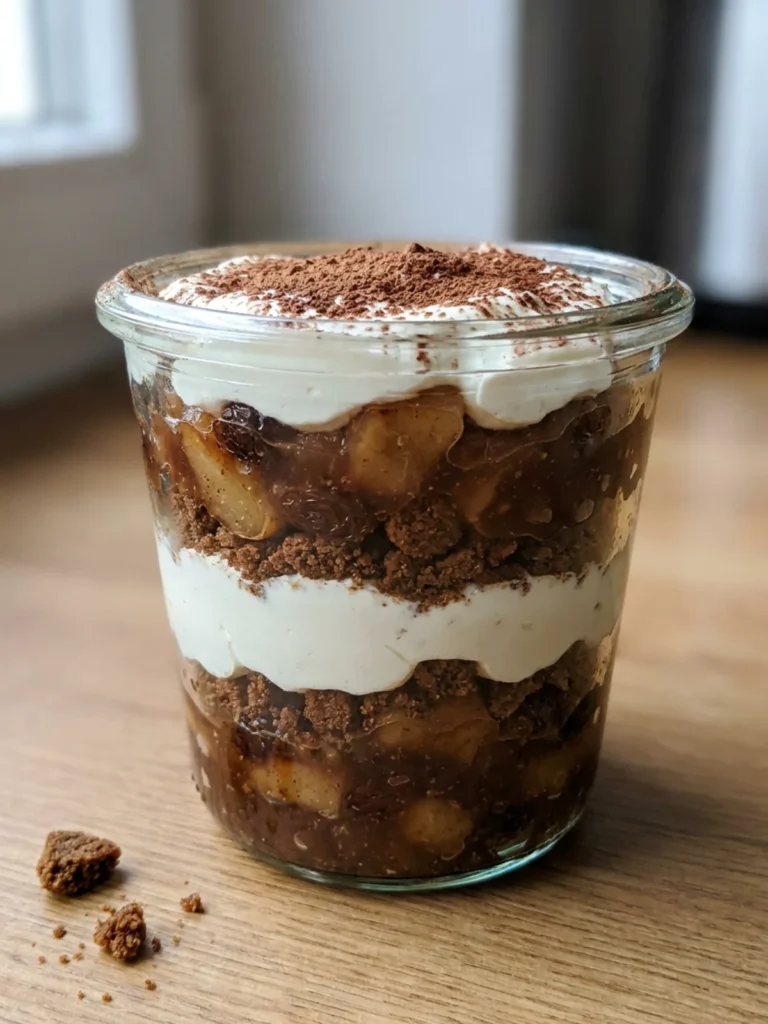 Vier Gläser mit Schichtdessert aus Bratapfel, Creme und Spekulatius auf einem Holztisch.