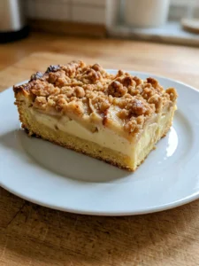 Nahaufnahme der knusprigen Zimtstreusel auf dem Apfelkuchen, frisch aus dem Ofen.
