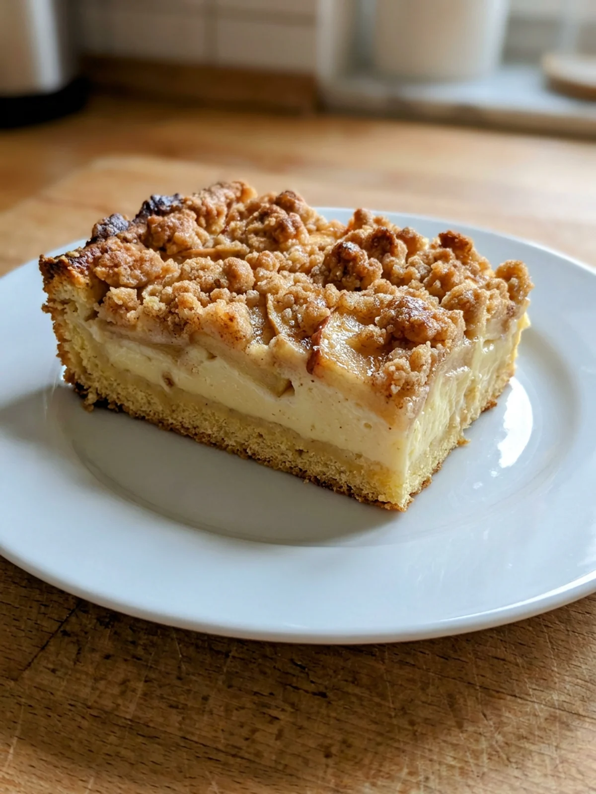Nahaufnahme der knusprigen Zimtstreusel auf dem Apfelkuchen, frisch aus dem Ofen.