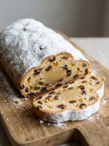 Ein ganzer Christstollen mit Puderzucker auf einem Holzbrett, daneben liegt eine aufgeschnittene Scheibe.