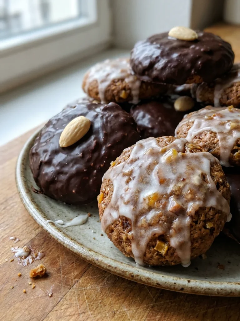 Ein Haufen frisch gebackener Elisenlebkuchen, einige mit Schokolade, andere mit Zuckerguss.