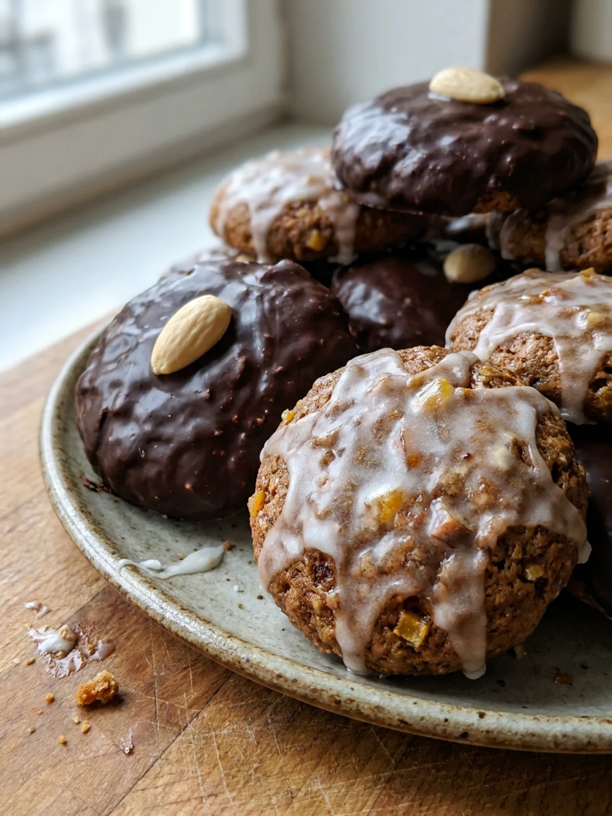 Ein Haufen frisch gebackener Elisenlebkuchen, einige mit Schokolade, andere mit Zuckerguss.