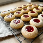 Ein Teller voller fertiger Engelsaugen mit roter Marmeladenfüllung und Puderzucker.