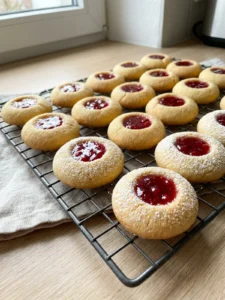 Ein Teller voller fertiger Engelsaugen mit roter Marmeladenfüllung und Puderzucker.