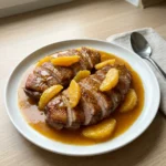 Ein Teller mit aufgeschnittener, rosa Entenbrust, übergossen mit glänzender Orangensauce.
