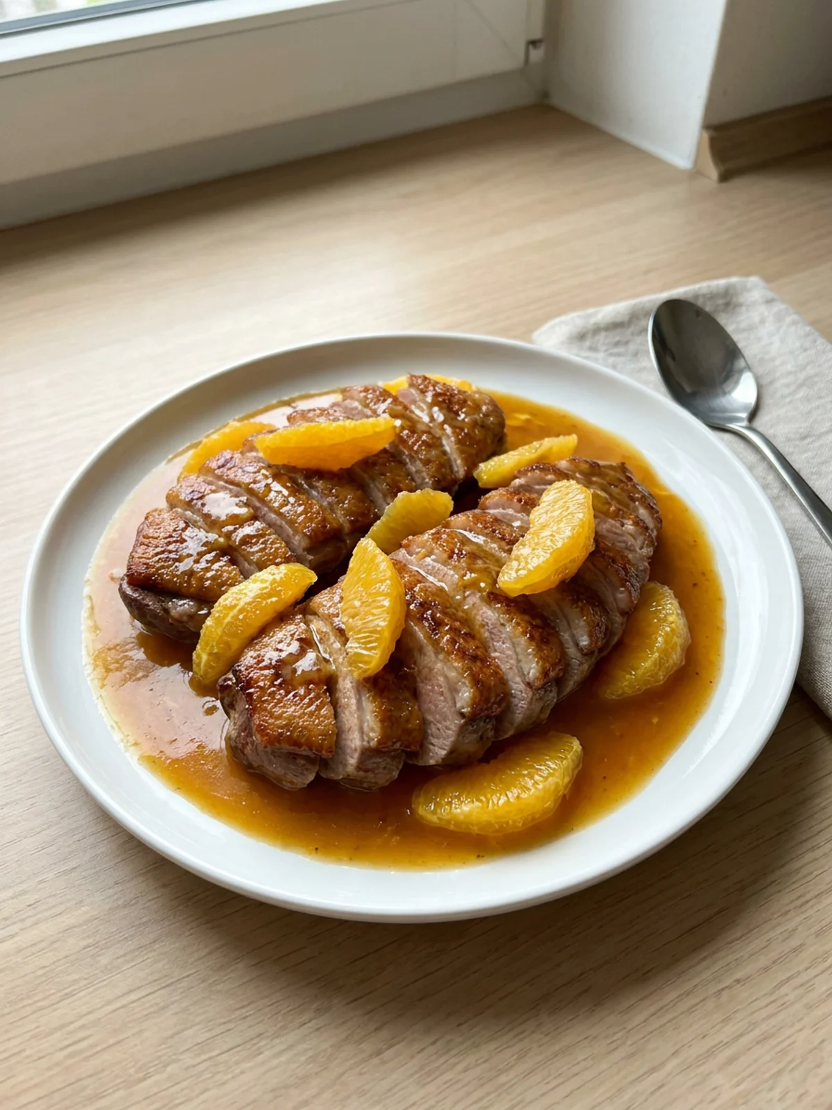 Ein Teller mit aufgeschnittener, rosa Entenbrust, übergossen mit glänzender Orangensauce.