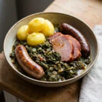 Nahaufnahme von Grünkohl mit Wurst, Kasseler und Salzkartoffeln auf einem Teller.