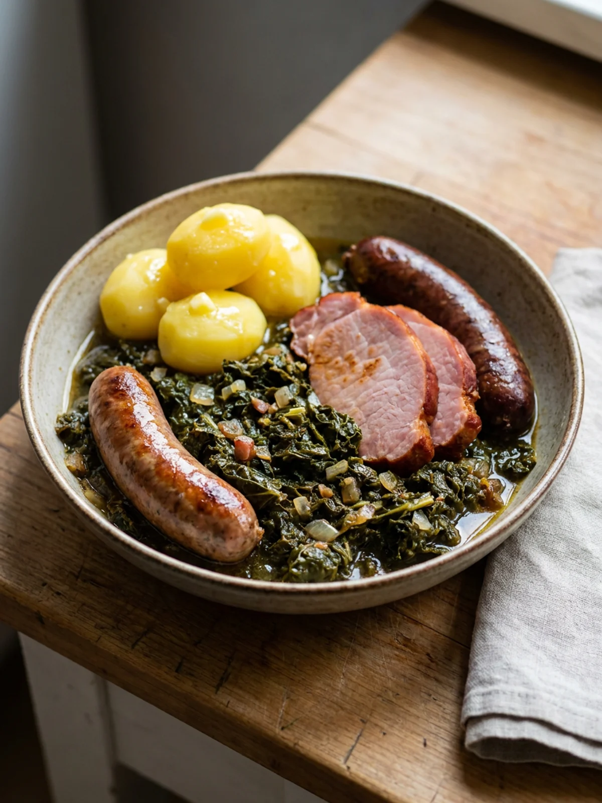 Nahaufnahme von Grünkohl mit Wurst, Kasseler und Salzkartoffeln auf einem Teller.