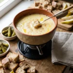 Die Zutaten für ein Schweizer Käsefondue liegen auf einer Arbeitsfläche bereit.