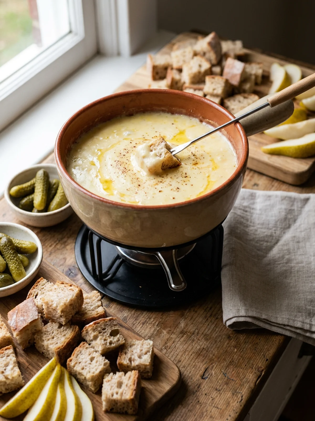 Die Zutaten für ein Schweizer Käsefondue liegen auf einer Arbeitsfläche bereit.
