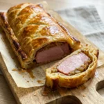 Ein goldbraun gebackenes Kassler im Blätterteig, aufgeschnitten, sodass man das Fleisch und die Füllung sieht.