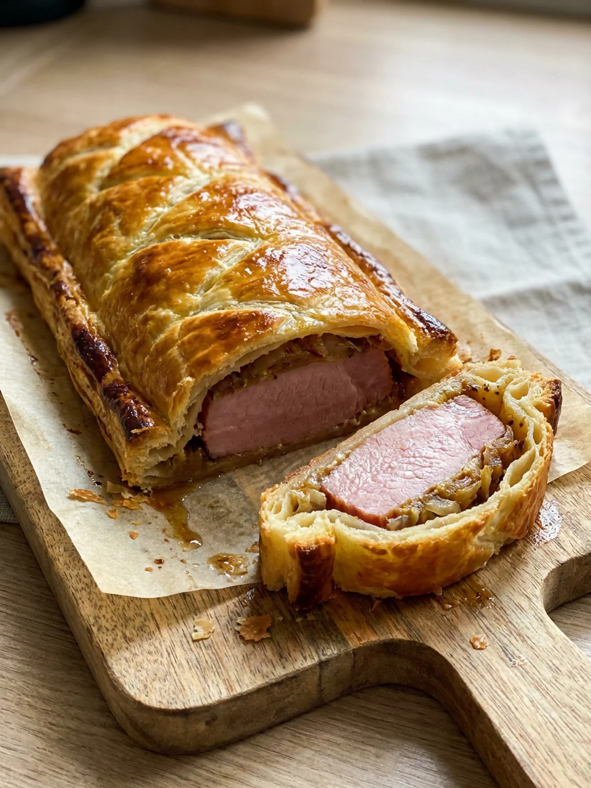 Ein goldbraun gebackenes Kassler im Blätterteig, aufgeschnitten, sodass man das Fleisch und die Füllung sieht.