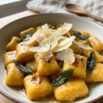 Eine weiße Schale mit orangen Kürbisgnocchi, garniert mit Salbeiblättern und Parmesan.
