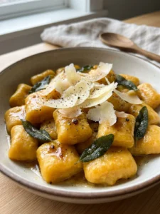 Eine weiße Schale mit orangen Kürbisgnocchi, garniert mit Salbeiblättern und Parmesan.