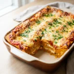 Ein Stück Kürbislasagne auf einem Teller, die Schichten aus Pasta und oranger Füllung sind gut sichtbar.