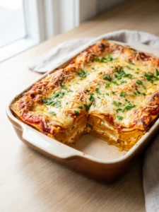 Ein Stück Kürbislasagne auf einem Teller, die Schichten aus Pasta und oranger Füllung sind gut sichtbar.