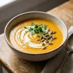 Eine weiße Schale mit cremiger Hokkaido-Kürbissuppe, garniert mit Petersilie und Sahne.