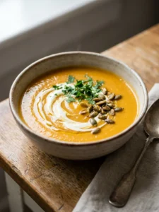 Eine weiße Schale mit cremiger Hokkaido-Kürbissuppe, garniert mit Petersilie und Sahne.