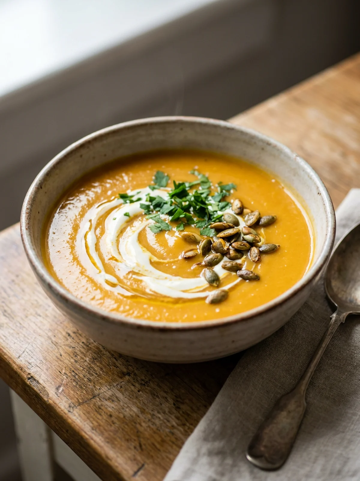 Eine weiße Schale mit cremiger Hokkaido-Kürbissuppe, garniert mit Petersilie und Sahne.
