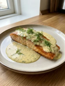 Ein Teller mit Lachs in cremiger Senf-Dill-Soße und Salzkartoffeln als Beilage.