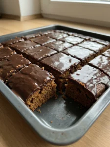Rechteckige Stücke von Lebkuchen mit dunklem Schokoguss auf einem Backblech.