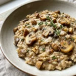 Eine Portion cremiges Maronenrisotto mit Pilzen in einer weißen Schale von oben.