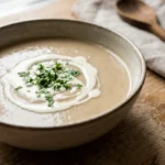 Eine Schale mit hellbrauner, cremiger Maronensuppe, garniert mit einem Sahnewirbel und Petersilie.