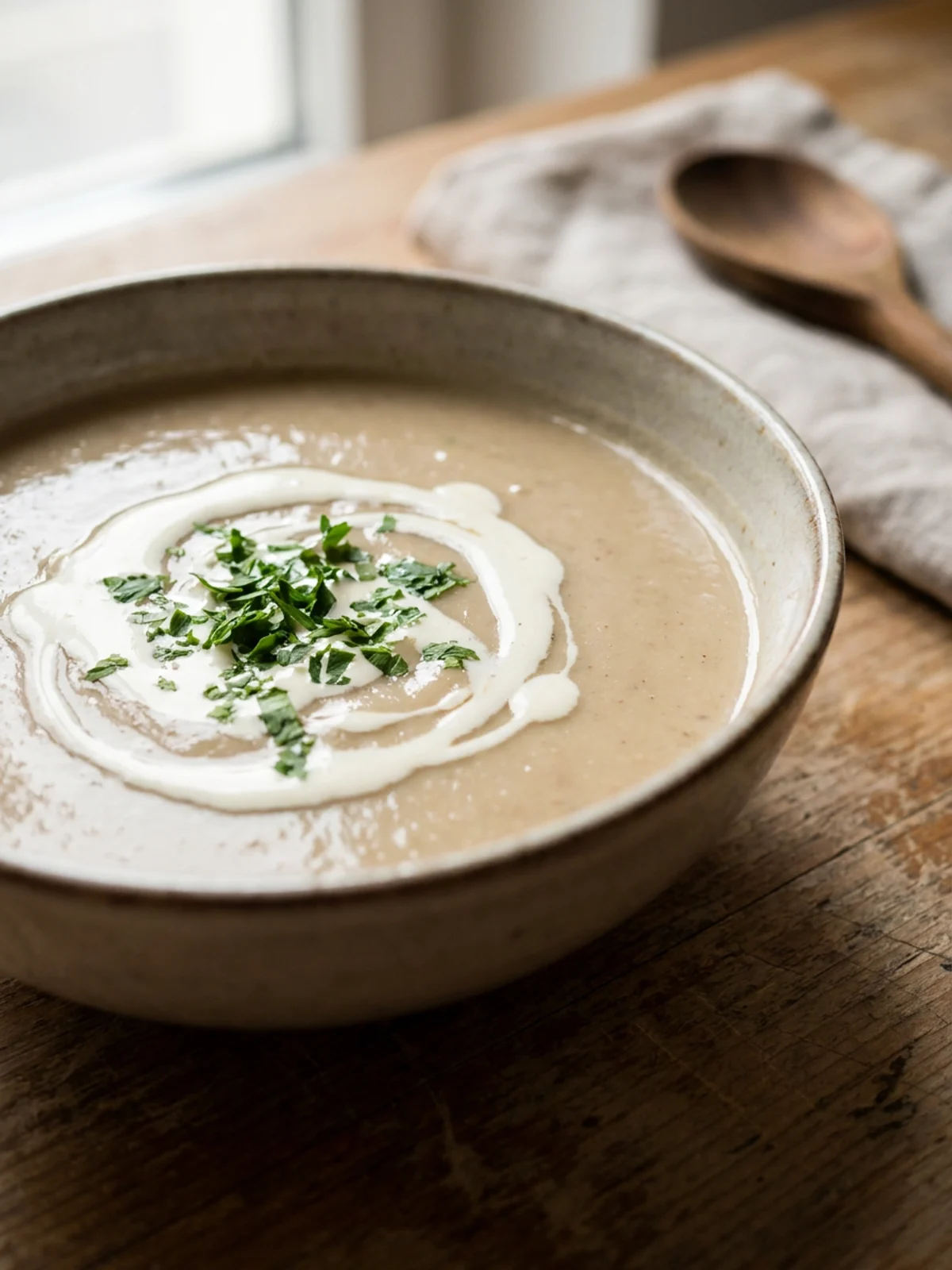 Eine Schale mit hellbrauner, cremiger Maronensuppe, garniert mit einem Sahnewirbel und Petersilie.