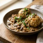 Ein Teller mit cremigem Pilzragout und zwei Semmelknödeln, garniert mit Petersilie.