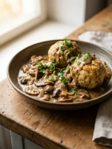 Ein Teller mit cremigem Pilzragout und zwei Semmelknödeln, garniert mit Petersilie.