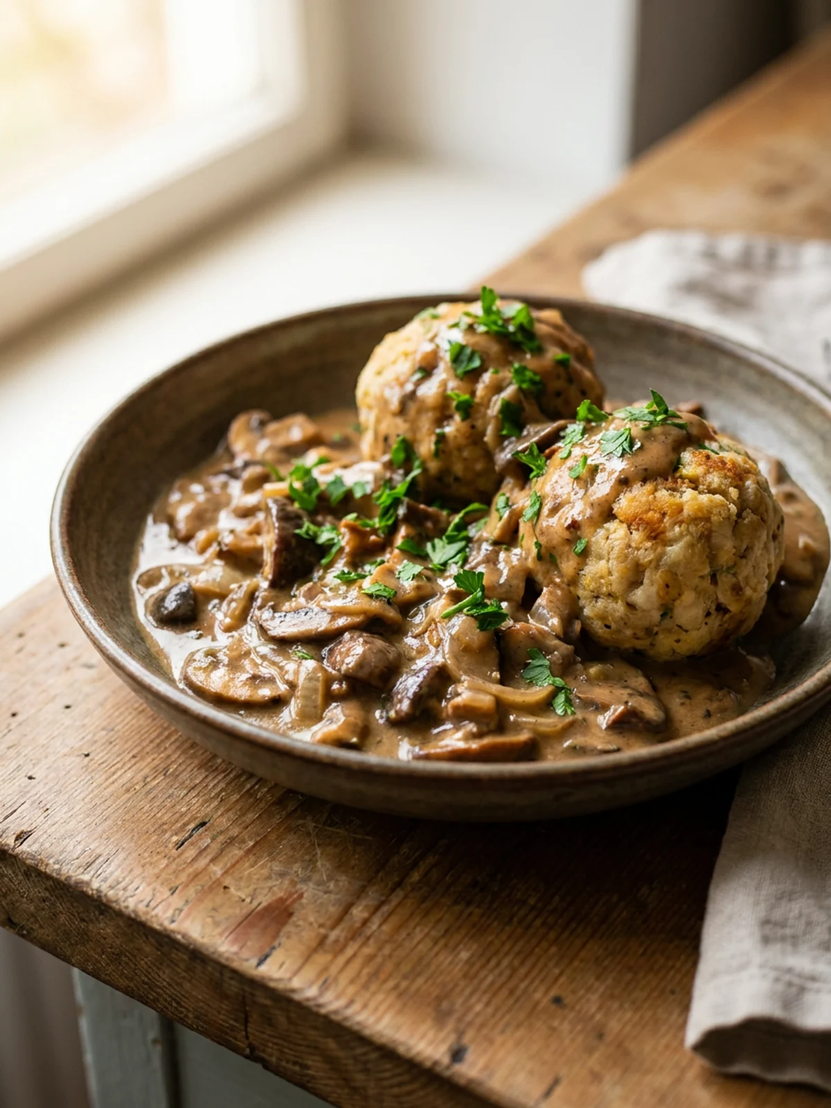 Ein Teller mit cremigem Pilzragout und zwei Semmelknödeln, garniert mit Petersilie.