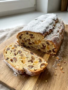 Ein ganzer Quarkstollen, dick mit Puderzucker bestäubt, auf einem Holzbrett.