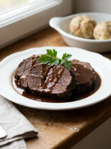 Ein Teller mit aufgeschnittenem Rinderbraten, übergossen mit glänzender Soße, daneben Kartoffelklöße.