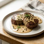 Ein Teller mit zwei Rinderfilet-Medaillons, übergossen mit einer hellen Pfeffersoße.