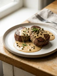 Ein Teller mit zwei Rinderfilet-Medaillons, übergossen mit einer hellen Pfeffersoße.