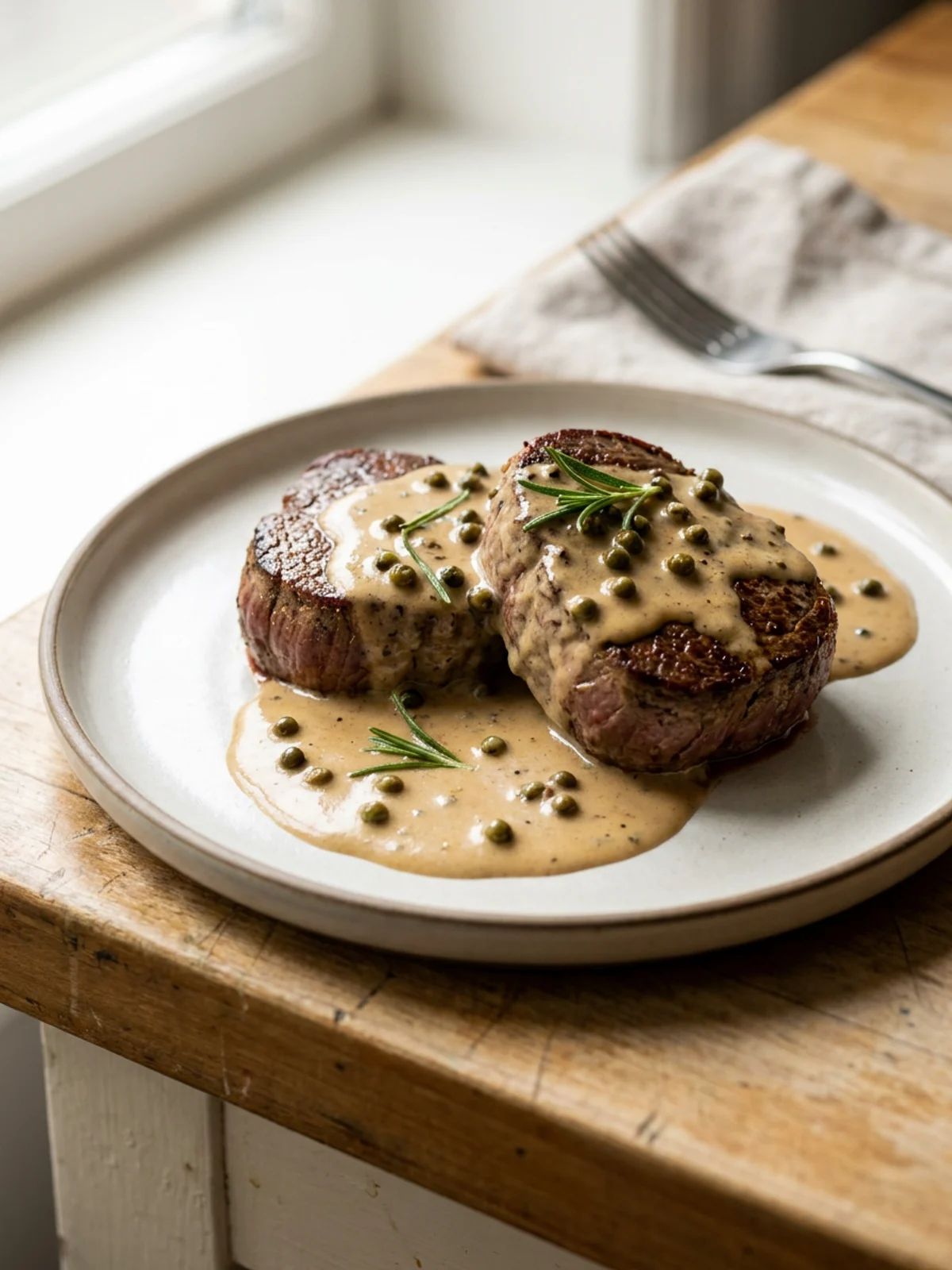 Ein Teller mit zwei Rinderfilet-Medaillons, übergossen mit einer hellen Pfeffersoße.