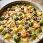 Ein Teller mit einer Portion Rosenkohl-Kartoffel-Auflauf, dampfend und mit geschmolzenem Käse.