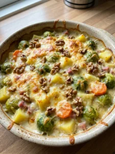 Ein Teller mit einer Portion Rosenkohl-Kartoffel-Auflauf, dampfend und mit geschmolzenem Käse.