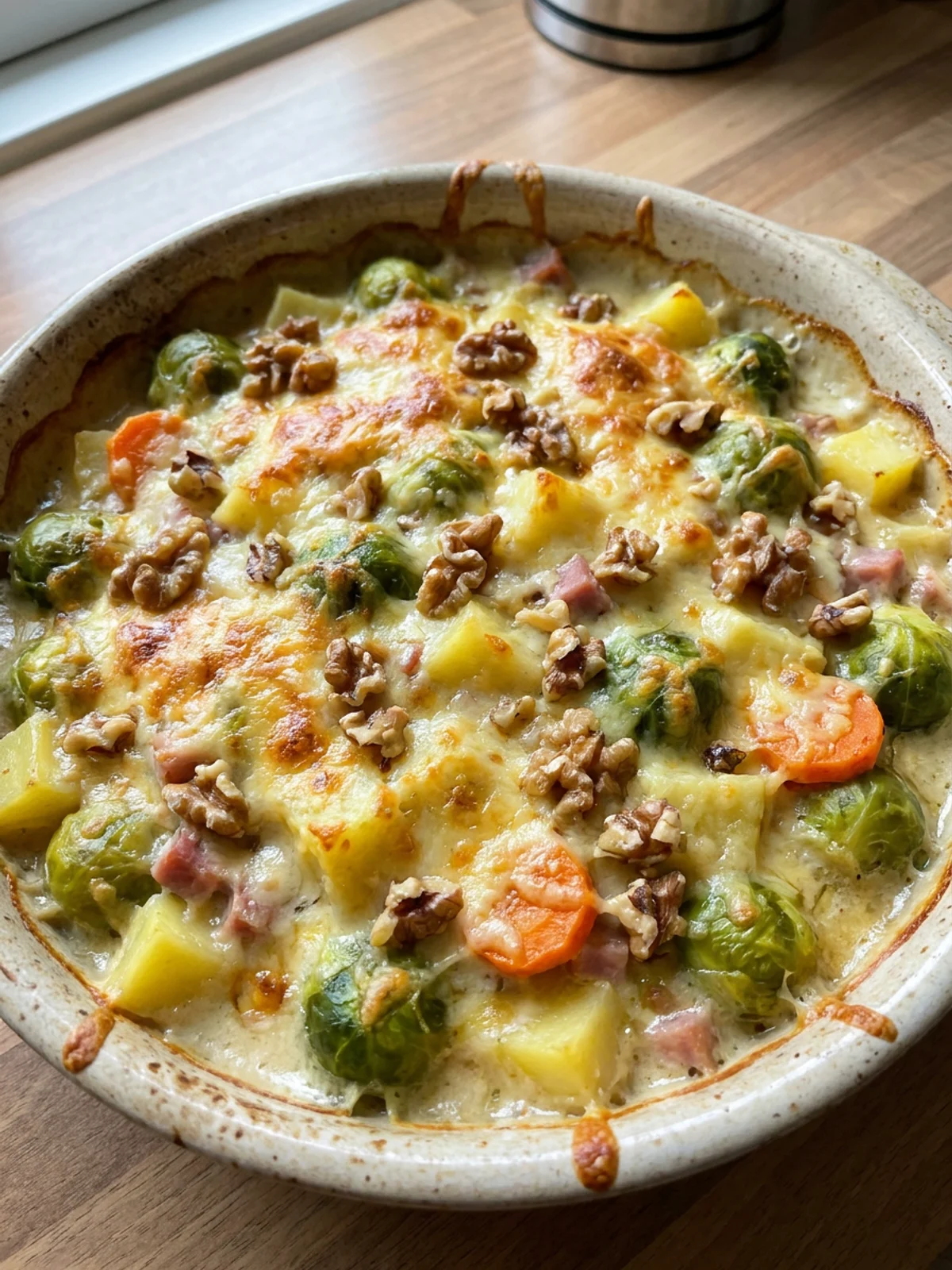 Ein Teller mit einer Portion Rosenkohl-Kartoffel-Auflauf, dampfend und mit geschmolzenem Käse.
